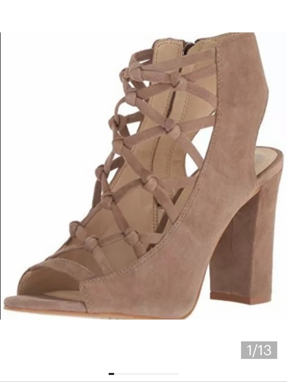 Vince Camuto Taupe Suede Lace-Up Peep-Toe Heels